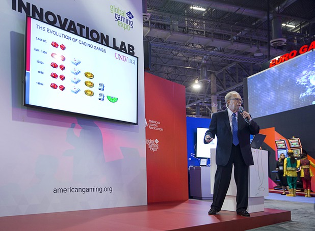 Mark Yoseloff, executive director of the Center for Gaming Innovation at UNLV, speaks at the Innovation Lab booth during the Global Gaming Expo (G2E) convention at the Sands Expo and Convention Center Wednesday, Sept. 28, 2016.