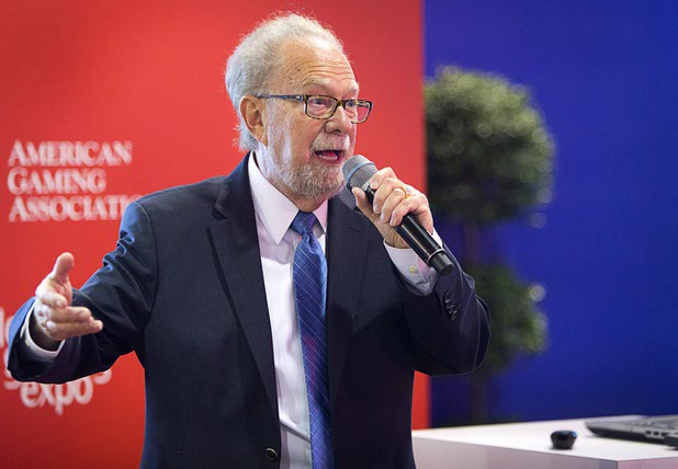 Mark Yoseloff, executive director of the Center for Gaming Innovation at UNLV, speaks at the Innovation Lab booth during the Global Gaming Expo (G2E) convention at the Sands Expo and Convention Center Wednesday, Sept. 28, 2016.