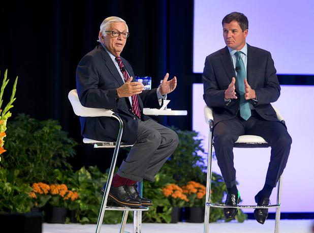 Former NBA Commissioner David Stern, left, responds to a question during the Global Gaming Expo (G2E) convention at the Sands Expo and Convention Center Thursday, Sept. 29, 2016. American Gaming Association's President and CEO Geoff Freeman listens at right.