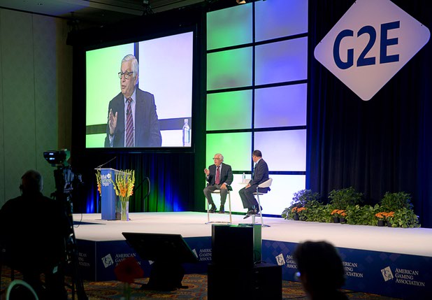 Former NBA Commissioner David Stern, left, speaks during the Global Gaming Expo (G2E) convention at the Sands Expo and Convention Center Thursday, Sept. 29, 2016. American Gaming Association's President and CEO Geoff Freeman listens at right.