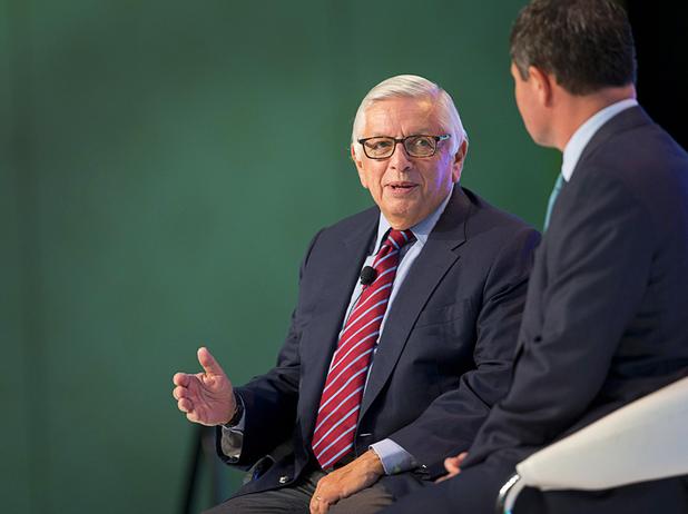 Former NBA Commissioner David Stern, left, responds to a question during the Global Gaming Expo (G2E) convention at the Sands Expo and Convention Center Thursday, Sept. 29, 2016. American Gaming Association's President and CEO Geoff Freeman listens at right.