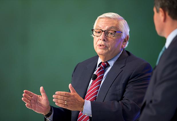 Former NBA Commissioner David Stern, left,  responds to a question during the Global Gaming Expo (G2E) convention at the Sands Expo and Convention Center Thursday, Sept. 29, 2016. American Gaming Association's President and CEO Geoff Freeman listens at right.
