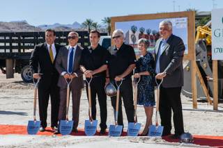 Executives pose for a photo during a groundbreaking event to kick off the construction of the Las Vegas NHL's practice facility in Downtown Summerlin on October 5, 2016. From left, CEO of Bank of Nevada John Guedry, President of Summerlin for The Howard Hughes Corporation Kevin Orrock, General Manager of the Las Vegas NHL team George McPhee, Majority owner of the Las Vegas NHL team Bill Foley, Clark County Commissioner Susan Brager and Chairman of the Clark County Commission Steve Sisolak.