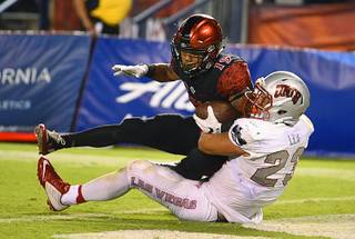 San Diego State running back Donnel Pumphrey (19) pushes past UNLV linebacker Matt Lea (23) as he scores a touchdown during the second half of an NCAA college football game, Saturday, Oct. 8, 2016, in San Diego. (AP Photo/Denis Poroy)