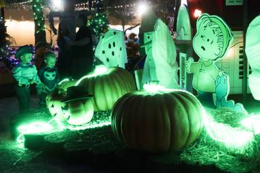 Two small children admire the brightly green lit up Charlie Brown display during the opening night of the 4th annual HallOVeen at Opportunity Village’s Magical Forest, Friday, Oct. 14, 2016.