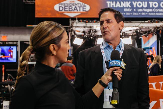 Billionaire businessman and Hillary Clinton supporter Mark Cuban speaks with Access Hollywood inside the spin room at Thomas and Mack Center in Las Vegas, Nev. prior to the third presidential debate on Oct. 17, 2016.