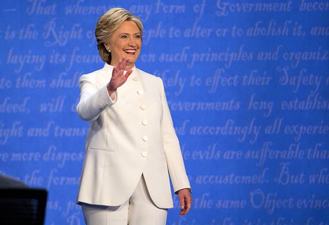 Democratic presidential nominee Hillary Clinton arrives for the final presidential debate against Republican nominee Donald Trump at UNLV Wednesday, Oct. 19, 2016.