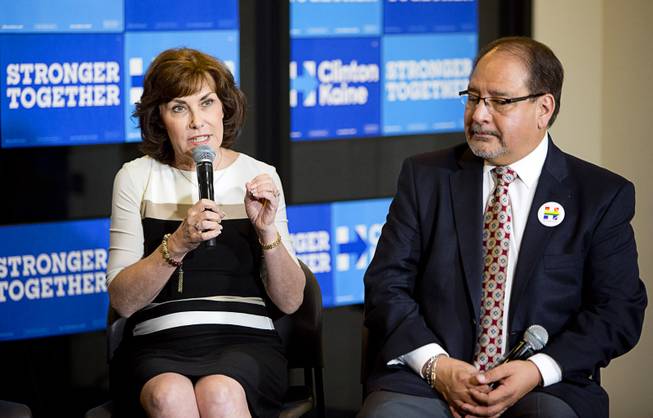 Jacky Rosen, Democratic candidate for Congress, and Ruben Murillo Jr., president of the Nevada State Education Association, participate in an Education roundtable discussion at Nevada State College in Henderson Tuesday, Oct. 25, 2016.