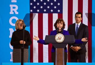 Nevada Congressional candidate Jacky Rosen speaks while flanked by Congresswoman Dina Titus and Senator Ruben Kihuen at the Southwest Regional Council of Carpenters building on Saturday, Oct. 28, 2016.