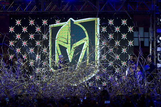The logo for the Las Vegas NHL franchise is unveiled during a ceremony in the Toshiba Plaza at T-Mobile Arena Tuesday, Nov. 22, 2016. The team name is the Vegas Golden Knights.