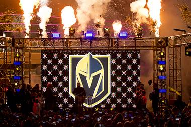 The logo for the Vegas Golden Knights is unveiled during a ceremony in the Toshiba Plaza at T-Mobile Arena Tuesday, Nov. 22, 2016.