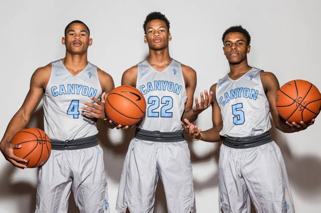 Canyon Springs High School Boys Basketball, from left, Kevin Legardy, Jovon Coleman and Tymier Farrar participate in the Las Vegas Sun Media day at The South Point, Wed Nov. 16, 2016.