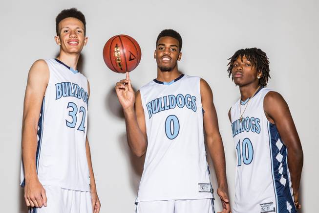 Centennial High School Boys Basketball, from left, Isaiah Banks, Darian Scott and Troy Brown Jr. participate in the Las Vegas Sun Media day at The South Point, Wed Nov. 16, 2016.