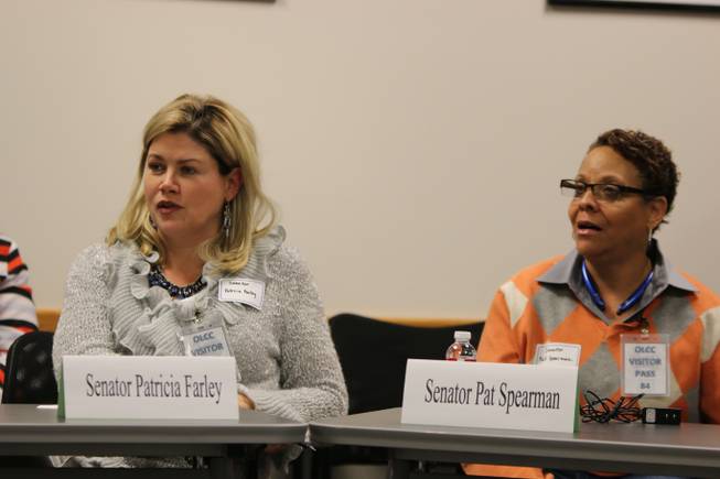 Nevada State Senators Patricia Farley and Pat Spearman speak during a meeting with Oregon’s Liquor Control Commission on Tuesday, Nov. 29, 2016 at the OLCC headquarters in Portland, Oregon. The two state senators were part of five Nevada legislators and several more business leaders from Nevada’s marijuana industry to meet with Oregon’s Liquor Control Commission and Beaver State legislators on Tuesday morning before touring Pure Green Marijuana Dispensary in the afternoon.