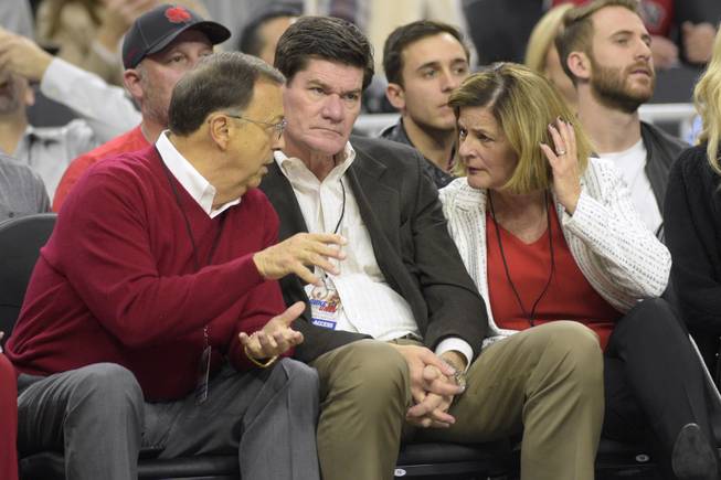 From left, former UNLV Athletic Director Jim Livengood, Mountain West Commissioner Craig Thompson, and UNLV Athletic Director Tina Kunzel-Murphy chat during the NCAA basketball game between UNLV and Duke Saturday, Dec. 10, 2016, at the T-Mobile Arena in Las Vegas. Duke won 94-45.
