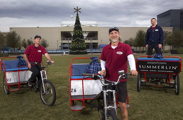 Wild West Shuttle employees pose with pedicabs at Downtown Summerlin Thursday, Dec. 154, 2016. From left: driver Clayton Lee,  operations manager Chris Dempsey and assistant manager Jeremy Shand. 