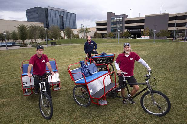 Wild West Shuttle employees pose with pedicabs at Downtown Summerlin Thursday, Dec. 154, 2016. From left: driver Clayton Lee,  operations manager Chris Dempsey and assistant manager Jeremy Shand. 