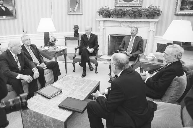 Clockwise from left: Sen. Patrick Leahy (D-Vt.), Senate Minority Leader Harry Reid (D-Nev.), Vice President Joe Biden, President Barack Obama, Senate Majority Leader Mitch McConnell (R-Ky.), and Sen. Chuck Grassley (R-Iowa) during a meeting in the Oval Office at the White House in 2016.