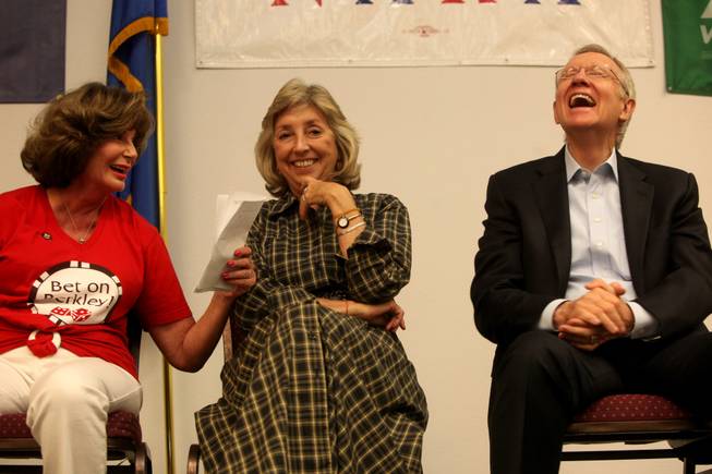 Congresswoman Shelly Berkley, (left) Congresswoman Dina Titus, and Sen. Harry Reid share a moment during the 2010 rally with the Nevada Alliance for Retired Americans at Painters Hall in Henderson.