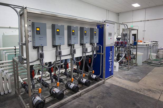 A state-of-the-art system removes minerals from the water and then adds appropriate amounts of liquid fertilizer at a Desert Grown Farms Cultivation Facility in Las Vegas, Dec. 15, 2016. The system ensures uniformity in the plant quality, said Armen Yemenidjian.