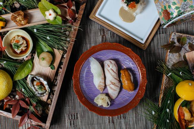 Sushi halibut, seared kanburi and sea urchin from the Kaiseki menu at Yuzu on Jan. 10, 2017.