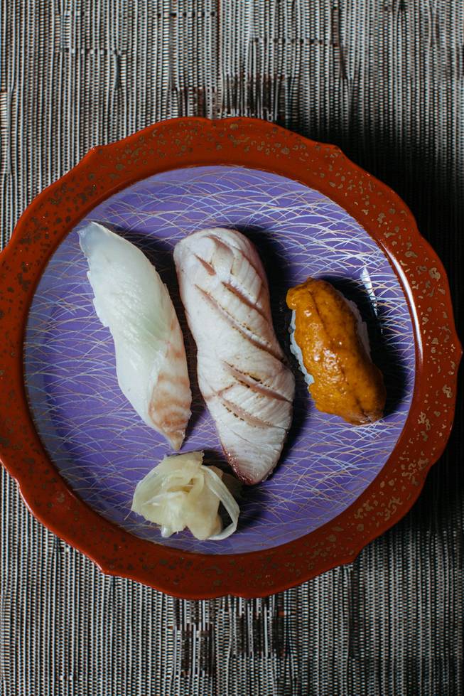 Sushi halibut, seared kanburi and sea urchin from the Kaiseki menu at Yuzu on Jan. 10, 2017.