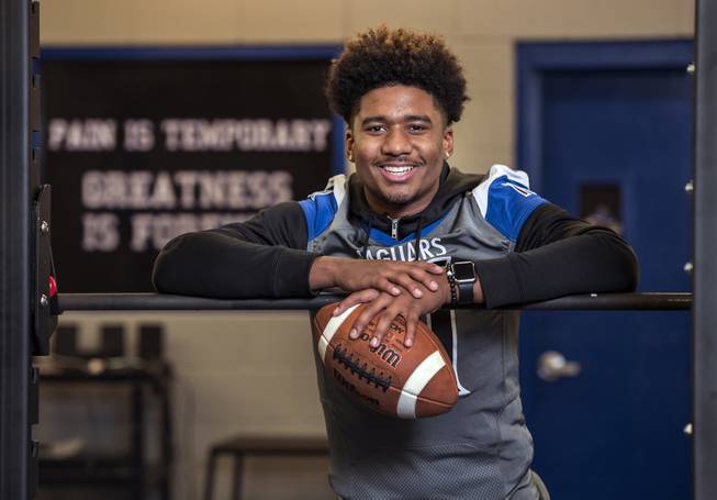 Desert Pines quarterback Marckell Grayson continues to rehab a knee injury and on February 1st will sign with hometown UNLV football on Friday, Jan. 13, 2017.   L.E. Baskow.