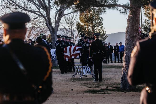 A funeral service for North Las Vegas Police Detective Chad Parque, 32, was held at Palm Mortuary Northwest on Tuesday, Jan. 17, 2017. Parque died from injuries sustained in a Jan. 6 head-on collision while on duty.