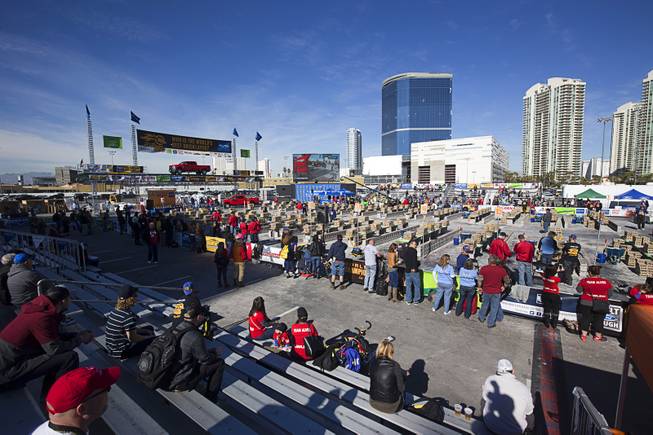 A view of the competition area for the 15th Anniversary Spec Mix Bricklayer 500 during the World of Concrete convention at the Las Vegas Convention Center Wednesday, Jan. 18, 2017. Top masons from across North America, and one from England, competed to build the best brick wall in one hour.