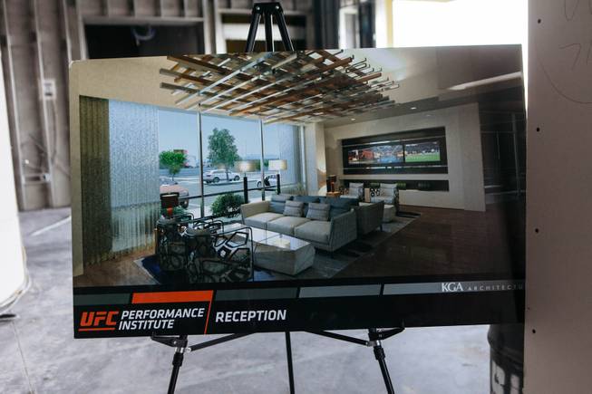 A reception rendering is displayed during a media tour of UFC's Corporate Campus and Performance Institute at Torrey Pines Drive and Raphael Rivera Way in Las Vegas on Jan. 18, 2017.