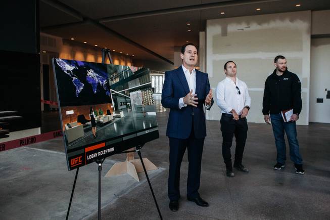 UFC Chief Operating Officer Lawrence Epstein, left, and UFC executives James Kimball and Forrest Griffin address journalists during a media tour of the UFC's Corporate Campus and Performance Institute at Torrey Pines Drive and Raphael Rivera Way, Wednesday, Jan. 18, 2017.