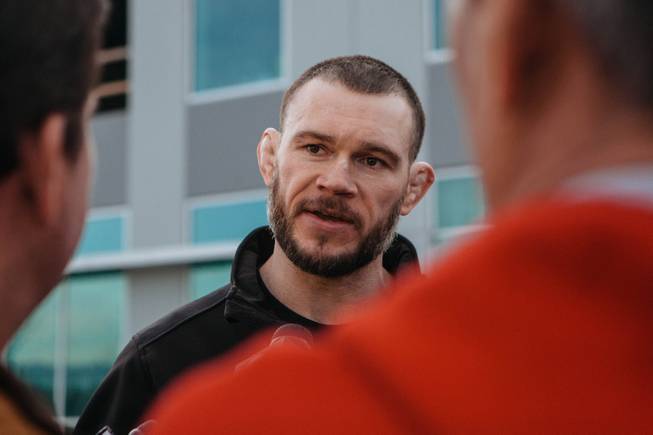 Forrest Griffin speaks with a group of reporters during a media tour of UFC's Corporate Campus and Performance Institute at Torrey Pines Drive and Raphael Rivera Way in Las Vegas on Jan. 18, 2017.