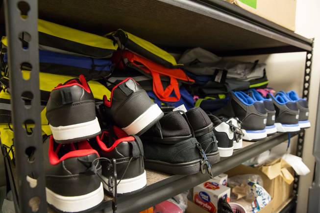 A look at the various shoes avaiable for students in need at the Communities in Schools classroom at Sunrise Mountain High School, Friday Jan. 13, 2017.