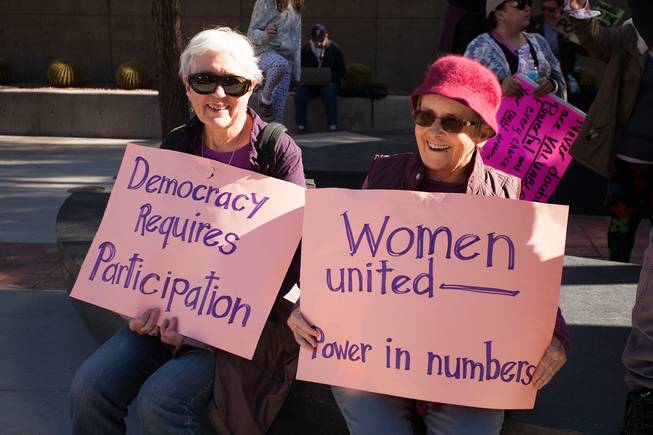 Protesters gathered in downtown Las Vegas on Saturday, Jan. 21, 2017, in support of the Women's March on Washington for the Women's March in Las Vegas. Nevada Congresswomen Dina Titus and Congressman Ruben Kihuen were among some of the speakers to address the crowd as they gathered at Lloyd D. George U.S. Courthouse.