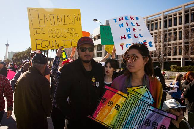Protesters gathered in downtown Las Vegas on Saturday, Jan. 21, 2017, in support of the Women's March on Washington for the Women's March in Las Vegas. Nevada Congresswomen Dina Titus and Congressman Ruben Kihuen were among some of the speakers to address the crowd as they gathered at Lloyd D. George U.S. Courthouse.