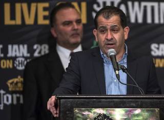 Stephen Espinoza, the current executive vice president and general manager of Showtime Sports, speaks during the Carl Frampton versus Leo Santa Cruz 2 fight presser at the MGM Grand on Thursday, Jan. 26, 2017.