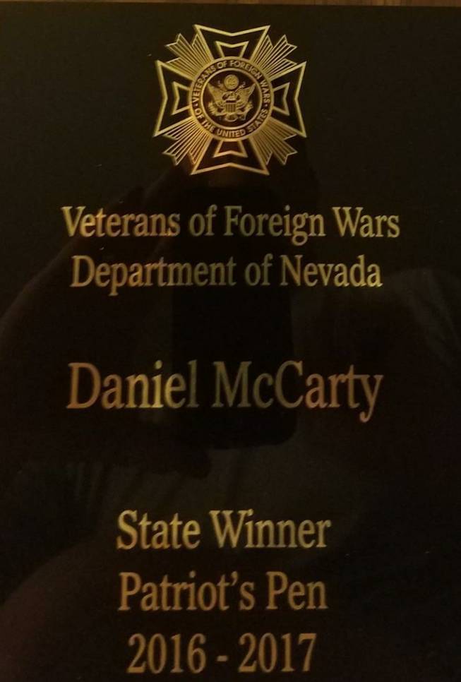 The plaque presented to Daniel McCarty for winning the VFW’s Patriot’s Pen competition in Nevada.