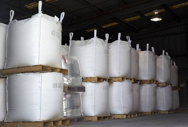 Lithium carbonate is ready for shipping in a Silver Peak lithium mine warehouse near Tonopah, Nev. Monday, Jan. 30, 2017. Each sack contains 500 kilograms of lithium carbonate.