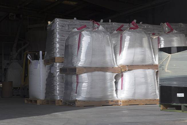 Lithium carbonate is ready for shipping in a Silver Peak lithium mine warehouse near Tonopah, Nev. Monday, Jan. 30, 2017.  The large sacks contain 500 kilograms of lithium carbonate
