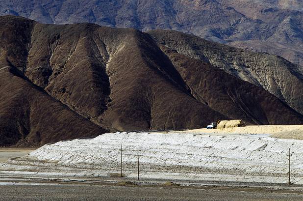 A truck dumps waste salt at the Silver Peak lithium mine near Tonopah, Nev. Monday, Jan. 30, 2017.