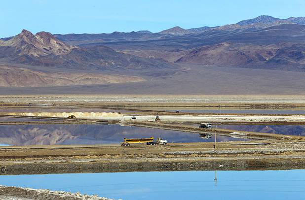 An evaporation pond system is shown during a tour of the Silver Peak lithium mine near Tonopah, Nev. Monday, Jan. 30, 2017.