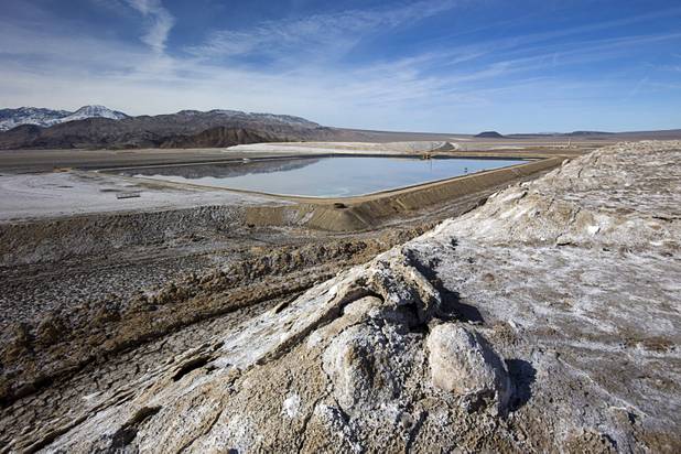 A view of the final evaporation pond at the Silver Peak lithium mine near Tonopah, Nev. Monday, Jan. 30, 2017. The R3 Pond has brine with 5500 parts per million of lithium.