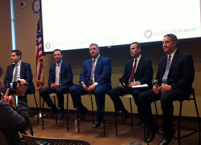 The Downtown Vegas Alliance conducted a panel discussion Thursday, Feb. 2, 2017. From left are Joe Woody, chief financial officer of El Cortez; Jim Sullivan, vice president and general manager of the Fremont; Derek Stevens, owner of the D, Golden Gate and other properties; Seth Schorr, chairman of Downtown Grand; and Jonathan Jossel, CEO of Plaza Las Vegas.
