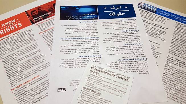 ACLU pamphlets explaining immigration rights are shown in English and Arabic at a meeting Thursday, Feb. 2, 2017, at the Mosque of Islamic Society Nevada.