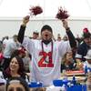 Richard Ornelas of Rancho Cucamonga, Calif.  cheers a Falcons score in Super Bowl 51 during the Big Game Bash at the Downtown Las Vegas Events Center Sunday, Feb. 5, 2017. .