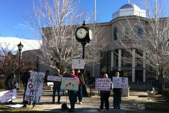 Protesters gather outside the Nevada Legislature building in Carson City on Monday, Feb 6, 2017.