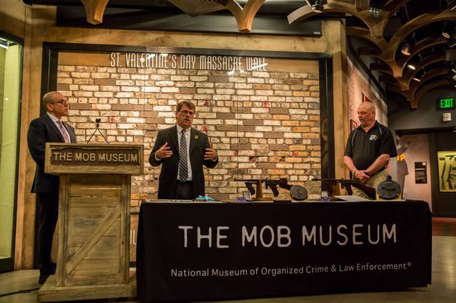 From left; Mob Museum Executive Dir. and CEO Jonathan Ullman, Geoff Schumacher, Senior Director of Content at the Mob Museum, and Lt. Mike Kline, from the Berrien Co. Sherriff's Department, during a media event regarding newly added artifacts to The Mob Museum, Friday Feb. 10, 2017. The artifacts were involved in the St. Valentine's Day Massacre in Chicago, 1929, and include various items such as bullets removed from the bodies of the victims and original coroner's documents.