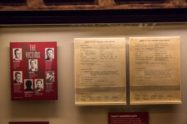 Coroner's exam reports are among some of the newly added artifacts to The Mob Museum, Friday Feb. 10, 2017. The artifacts were involved in the St. Valentine's Day Massacre in Chicago, 1929, and include various items such as bullets removed from the bodies of the victims and original coroner's documents.