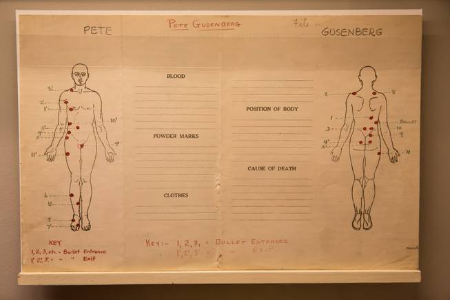 A coroner's exam report designating the bullet entry and exit points of victim Peter Gusenberg, a  known mobster and hitman, are among some of the newly added artifacts to The Mob Museum, Friday Feb. 10, 2017. The artifacts were involved in the St. Valentine's Day Massacre in Chicago, 1929, and include various items such as bullets removed from the bodies of the victims and original coroner's documents.