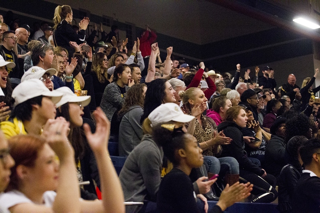 The Clark High School crowd cheers after an exciting play by Clark during the Sunset Regional championship at Shadow Ridge High School on Feb. 18, 2017.